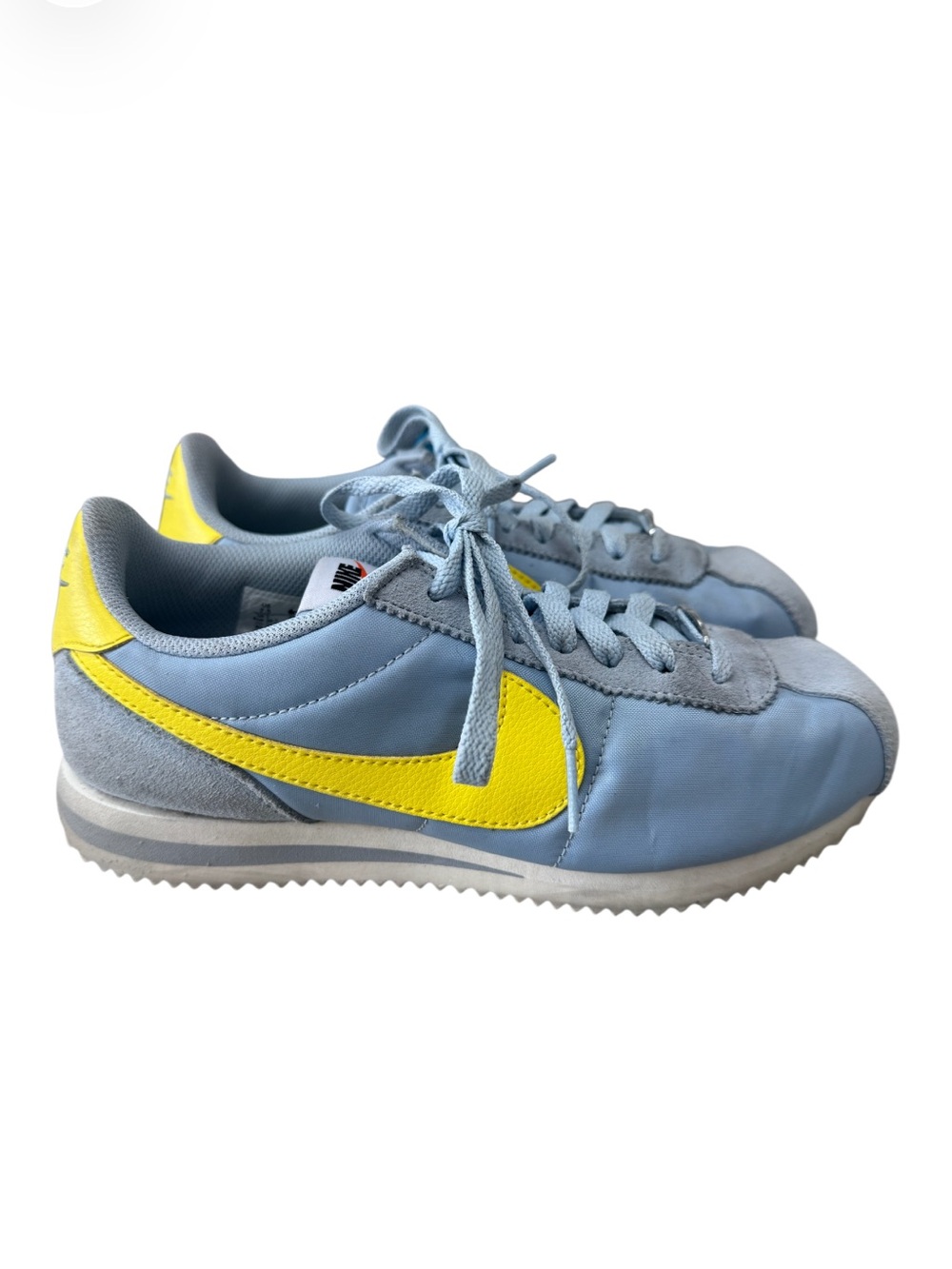 Nike Cortez Textile sneakers, light blue upper with yellow Swoosh Size 7.5